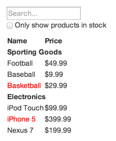 "A table of items and prices. There is a search bar at the top, to filter the contents of the table."