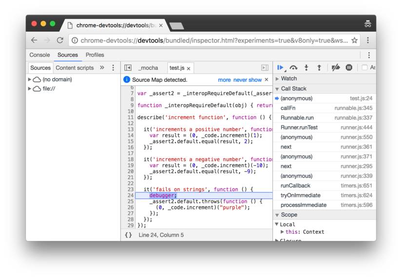 Chrome DevTools debugging an automated test