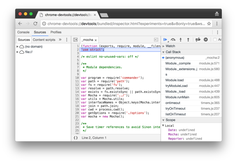 Chrome DevTools debugging Mocha