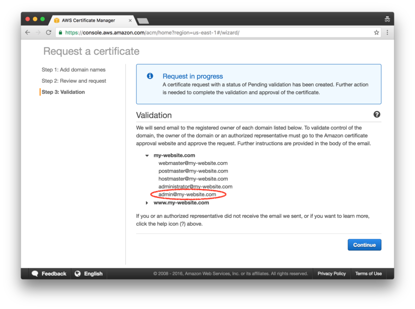 AWS Certificate Manager: validation in progress