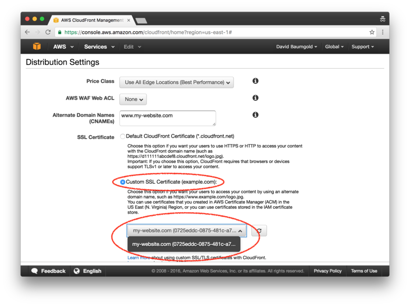 CloudFront: select SSL certificate