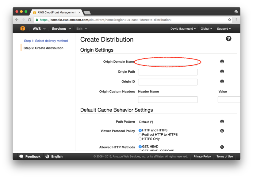 An empty form for creating an AWS CloudFront distribution