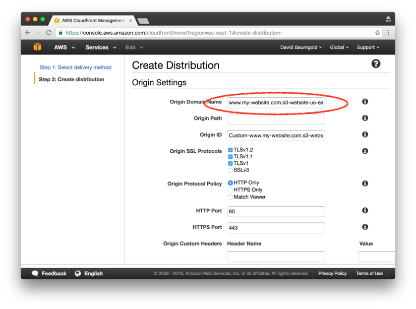 A form for creating an AWS CloudFront distribution. The "Origin Domain Name" field has been filled in with the static website endpoint URL.