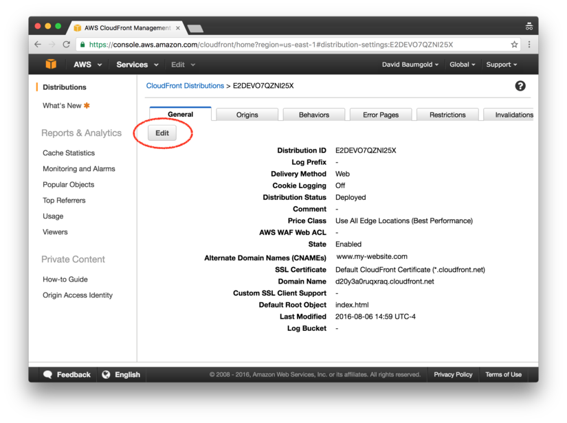 CloudFront: edit a distribution's general settings