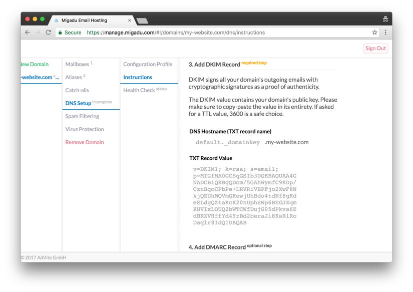 Migadu: instructions for setting up DKIM records in DNS