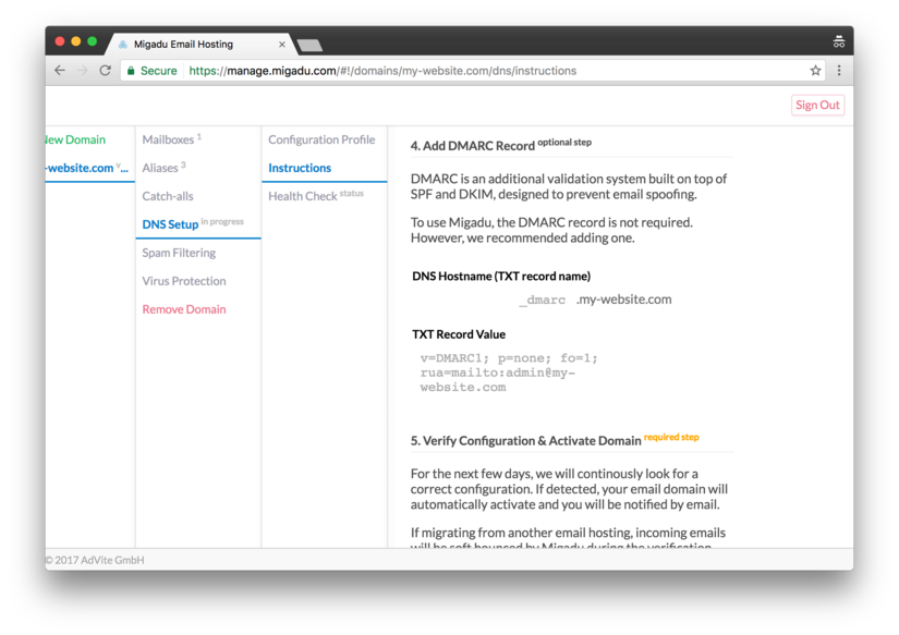 Migadu: instructions for setting up DMARC records in DNS