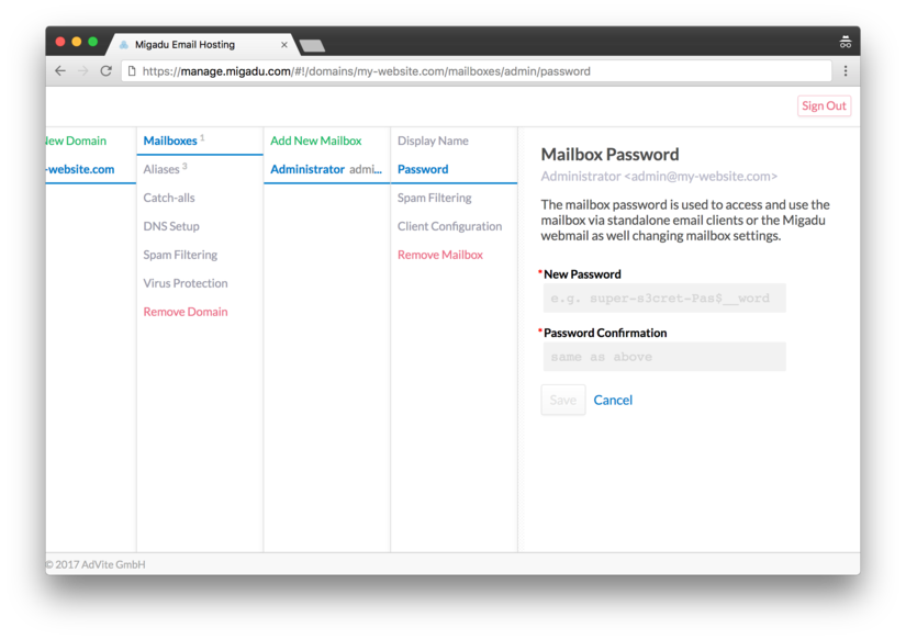 Migadu: set password for admin email address