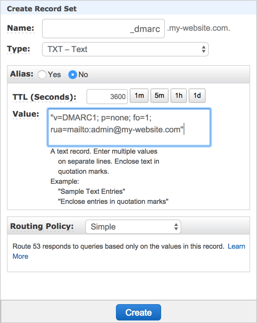 Route 53: configuring DMARC records