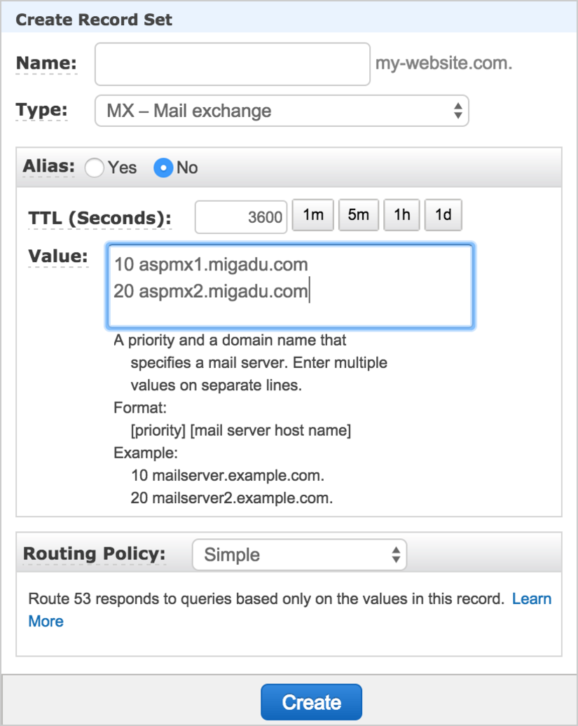 Route 53: configuring MX records