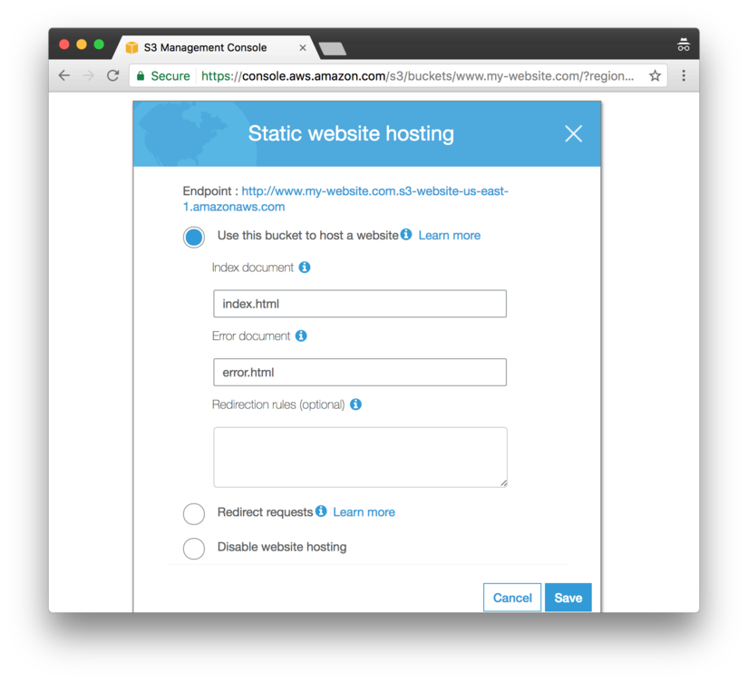 Screenshot of S3 bucket website hosting form